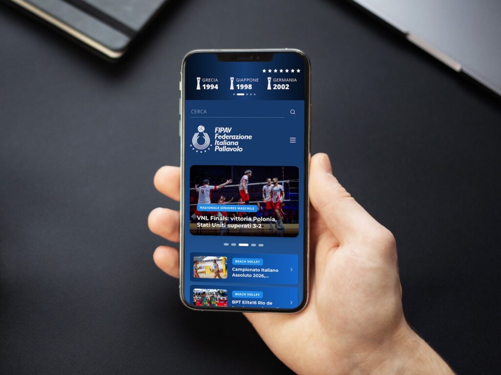 Visualizzazione responsive del nuovo sito della Federazione Italiana Pallavolo su smartphone