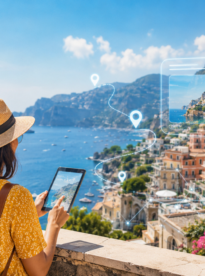 Turisti esplorano una destinazione costiera con strumenti digitali e intelligenza artificiale