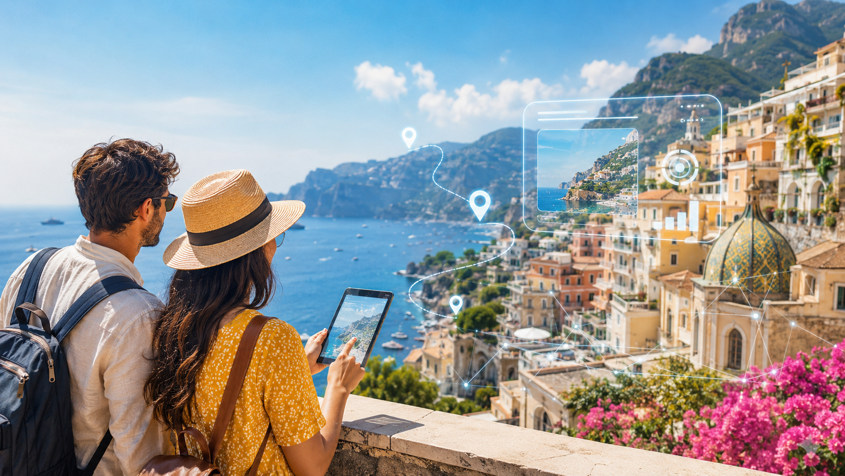 Turisti esplorano una destinazione costiera con strumenti digitali e intelligenza artificiale